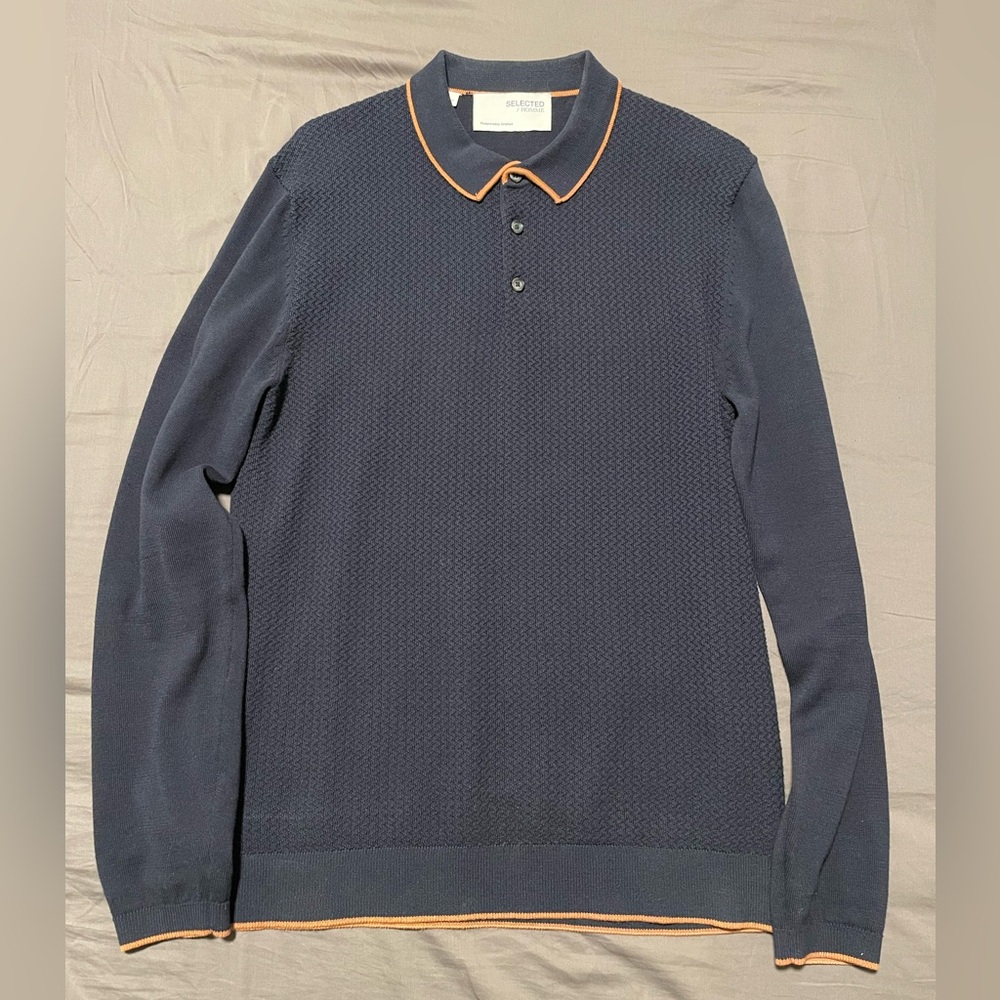 Navy Blue Polo Shirt Medium Men's Selected Homme Textured Long Sleeve Orange
